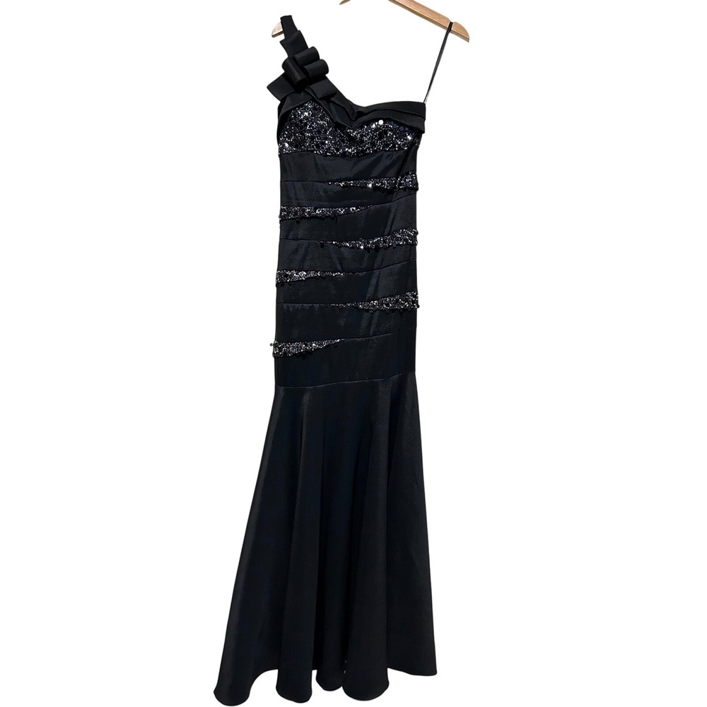 Y2K Betsy & Adam Black One Shoulder Sequin Bow Mermaid Prom Goth Dress. size 6